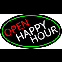 Open Happy Hour Oval With Green Border Neon Skilt