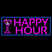 Pink Happy Hour And Wine Glass With Blue Border Neon Skilt