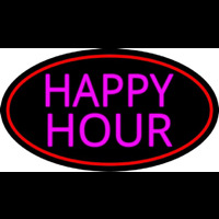 Pink Happy Hour Oval With Red Border Neon Skilt