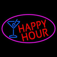 Red Happy Hour And Wine Glass Oval With Pink Border Neon Skilt