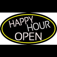 White Happy Hour Open Oval With Yellow Border Neon Skilt
