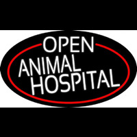 White Open Animal Hospital Oval With Red Border Neon Skilt