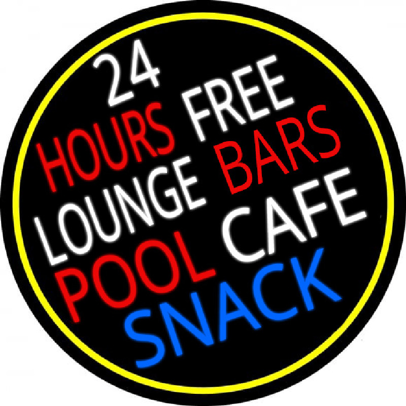 24 Hours Free Lounge Bars Pool Cafe Snack Oval With Border Neon Skilt