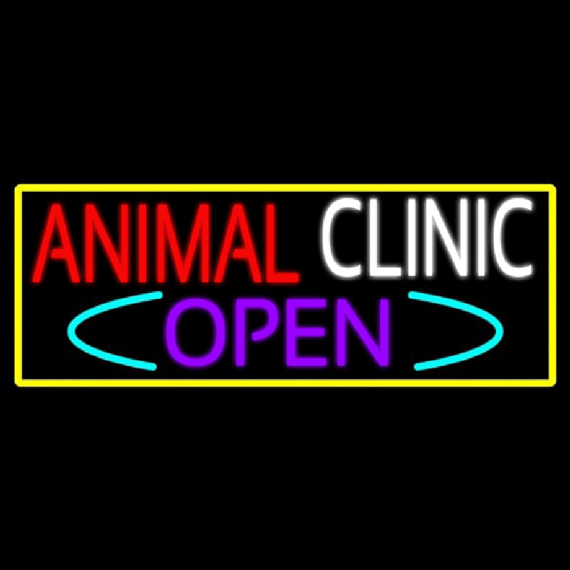 Animal Clinic Open With Yellow Border Neon Skilt