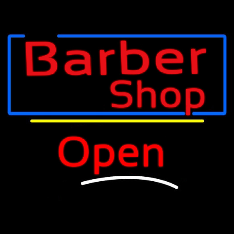 Barber Shop Blue Border Open Neon Skilt