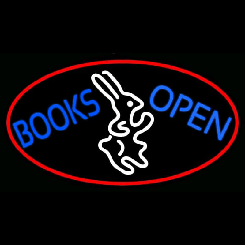 Blue Books With Rabbit Logo Open With Red Oval Neon Skilt