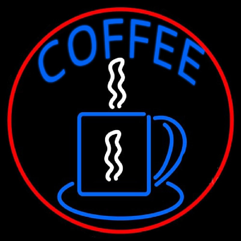 Blue Coffee Cup With Red Circle Neon Skilt