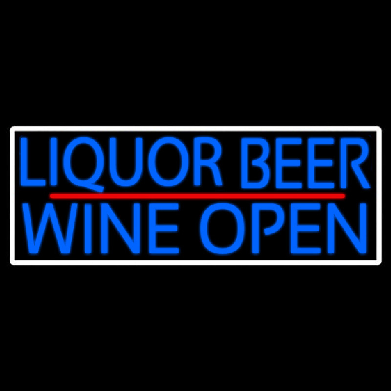 Blue Liquor Beer Wine Open With White Border Neon Skilt