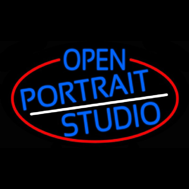 Blue Open Portrait Studio Oval With Red Border Neon Skilt