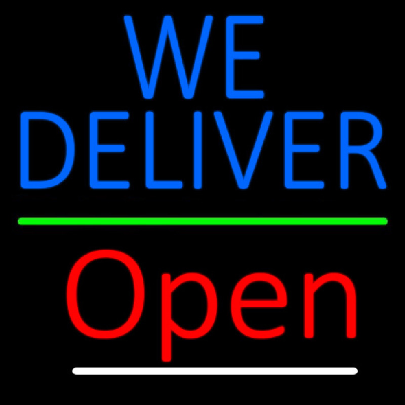 Blue We Deliver Open Green Line Neon Skilt