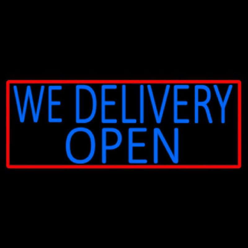 Blue We Deliver Open With Red Border Neon Skilt