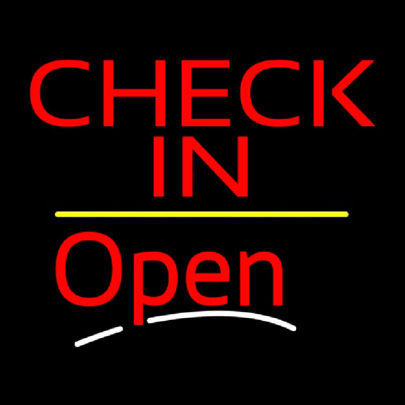Check In Open Yellow Line Neon Skilt