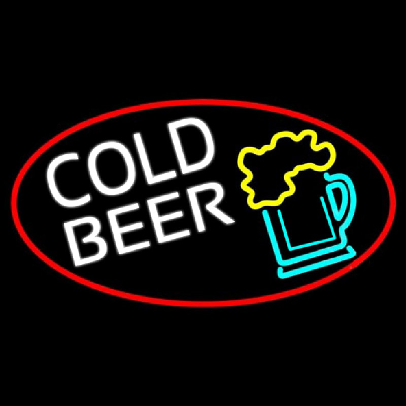 Cold Beer And Beer Mug Oval With Red Border Neon Skilt
