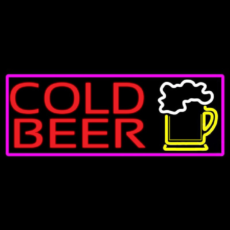 Cold Beer And Beer Mug With Pink Border Neon Skilt