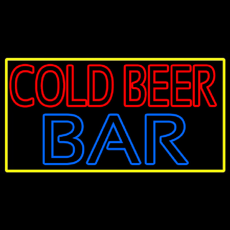 Cold Beer Bar With Yellow Border Neon Skilt