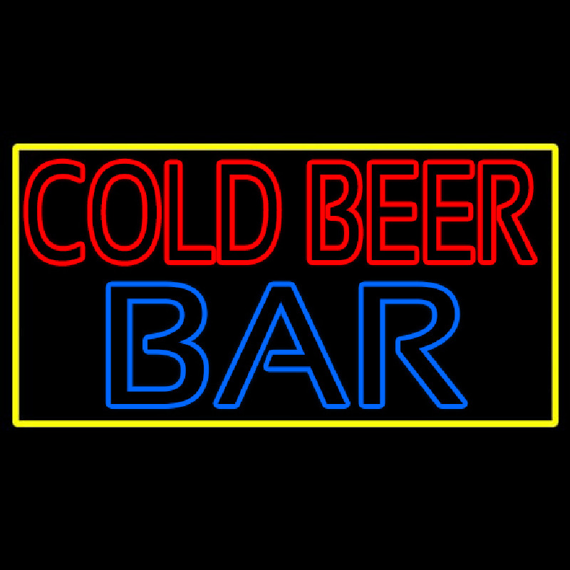 Cold Beer Bar With Yellow Border Neon Skilt