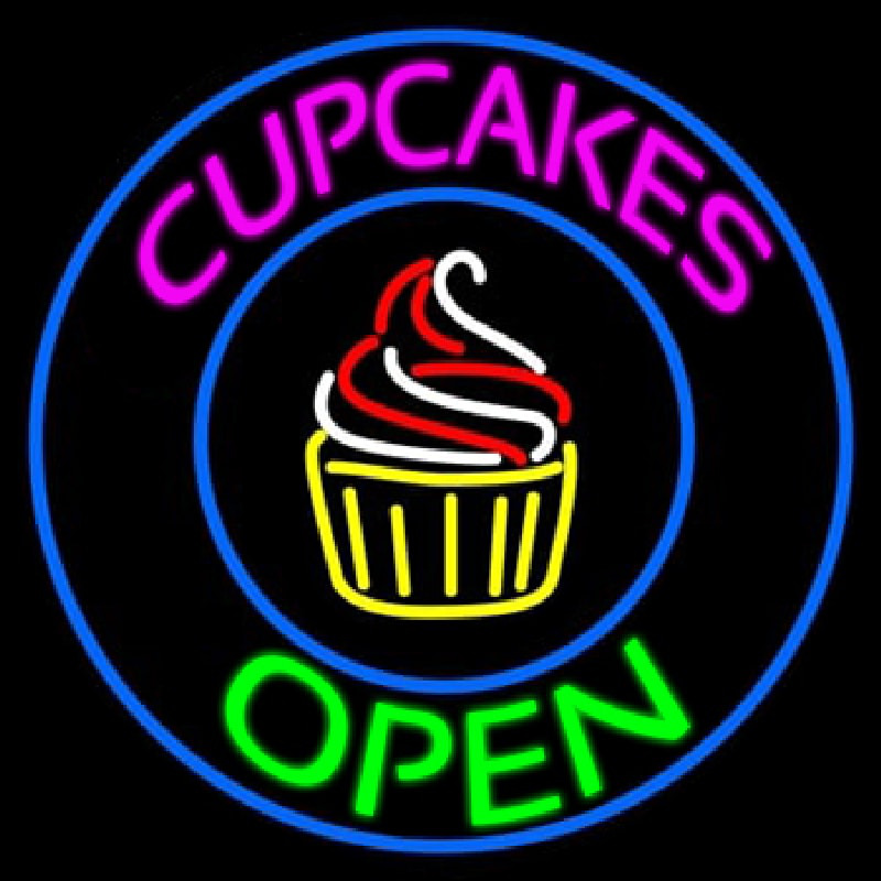 Cupcakes Open With Circle Neon Skilt