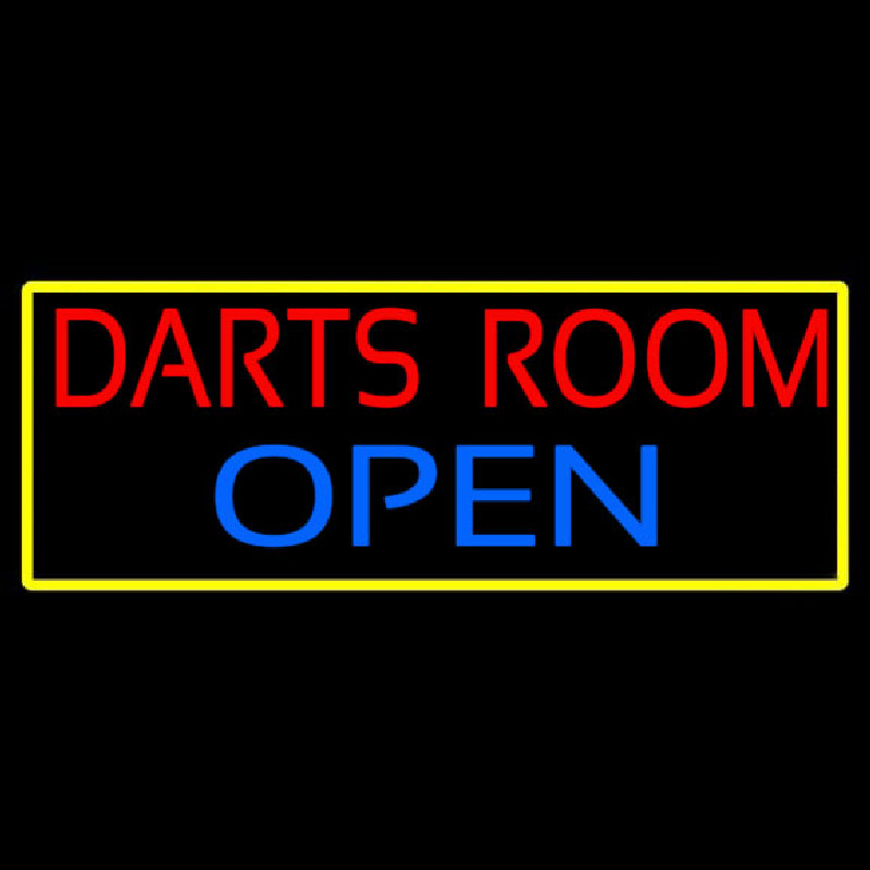 Darts Room Open With Yellow Border Neon Skilt