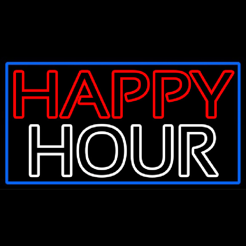 Double Stroke Happy Hour With Blue Border Neon Skilt