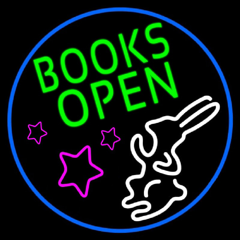 Green Books With Rabbit Logo Open Neon Skilt
