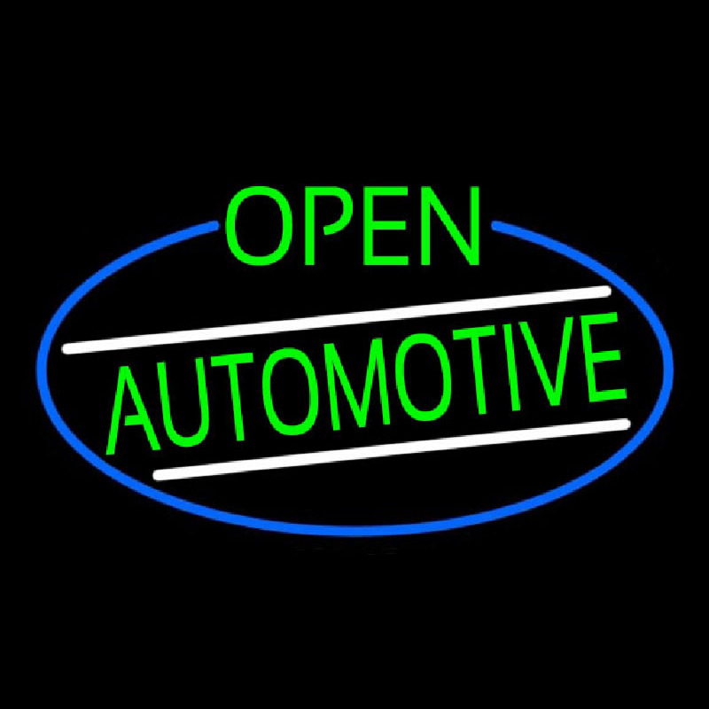 Green Open Automotive Oval With Blue Border Neon Skilt