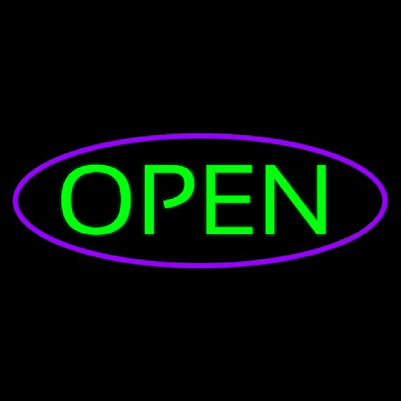 Green Open With Purple Oval Border Neon Skilt
