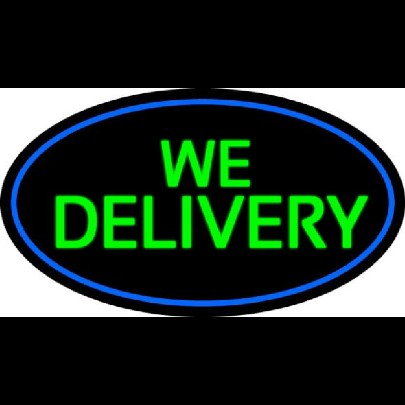 Green We Deliver Oval With Blue Border Neon Skilt