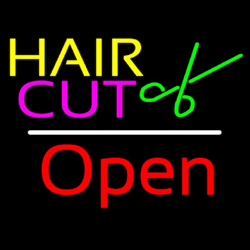Hair Cut Logo Open White Line Neon Skilt