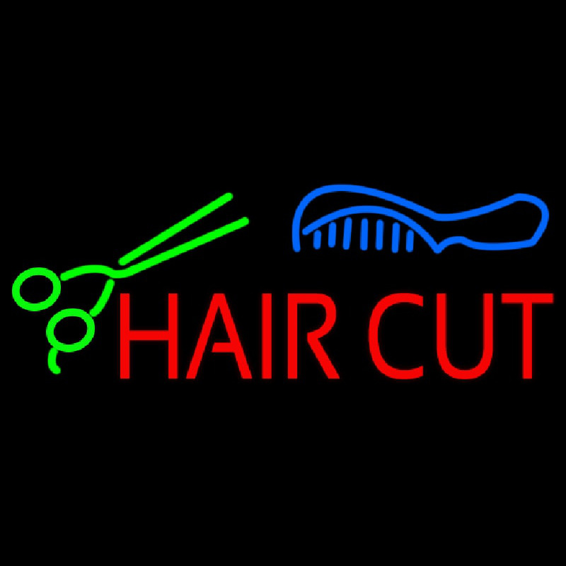 Hair Cut With Scissor And Comb Neon Skilt
