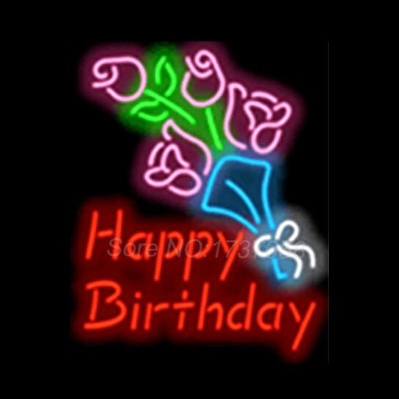 Happy Birthday with Flowers Neon Skilt