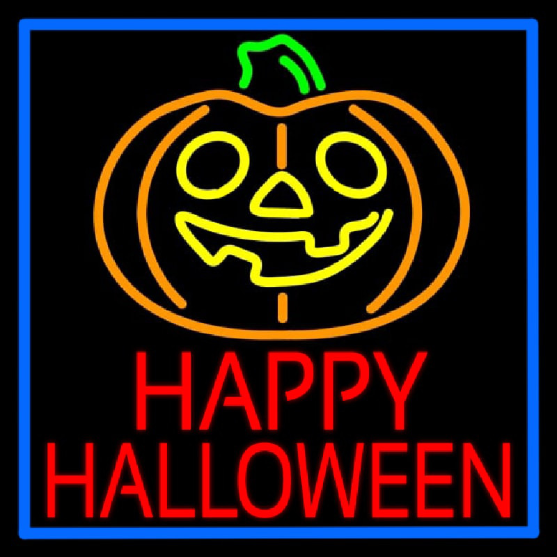 Happy Halloween Pumpkin With Blue Border Neon Skilt