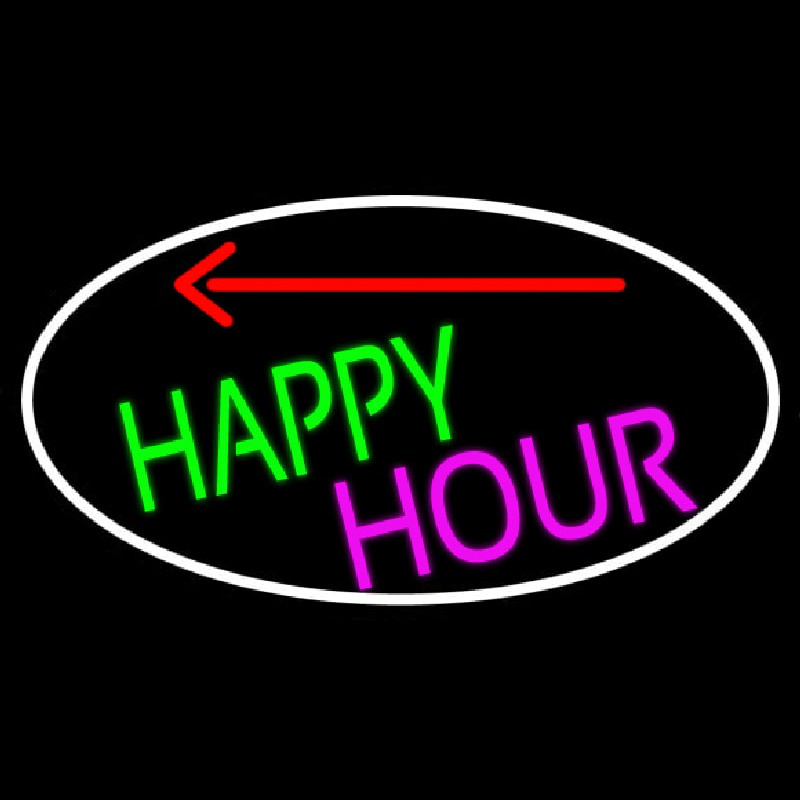 Happy Hour And Arrow Oval With White Border Neon Skilt