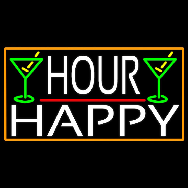 Happy Hour And Martini Glass With Orange Border Neon Skilt