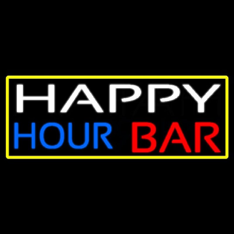 Happy Hour Bar With Yellow Border Neon Skilt