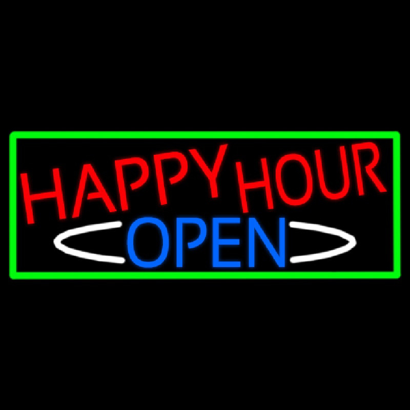 Happy Hour Open With Green Border Neon Skilt