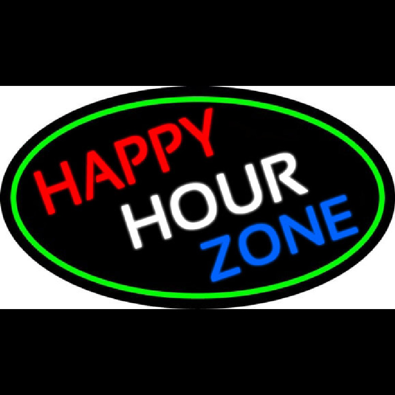 Happy Hour Zone Oval With Green Border Neon Skilt