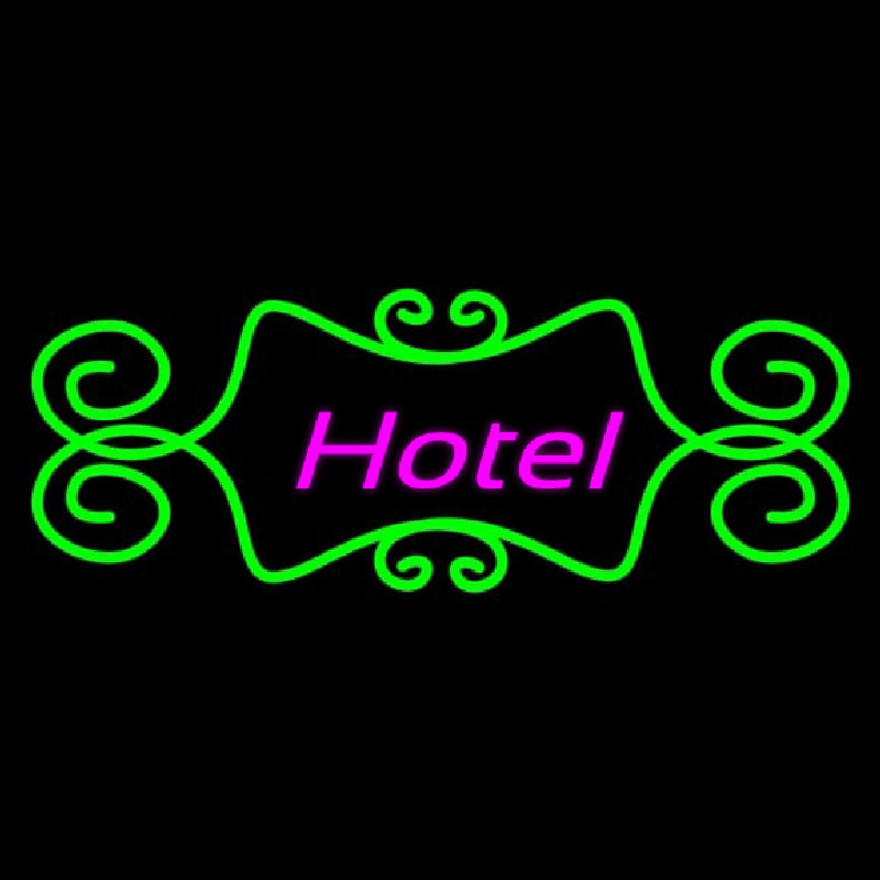Hotel With Green Art Border Neon Skilt