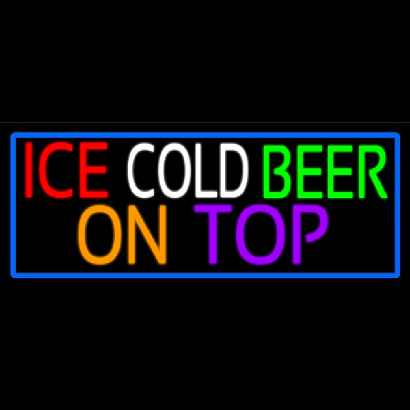 Ice Cold Beer On Top With Blue Border Neon Skilt