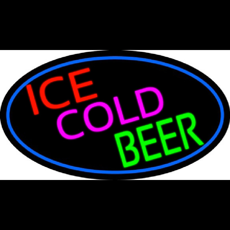 Ice Cold Beer Oval With Blue Border Neon Skilt