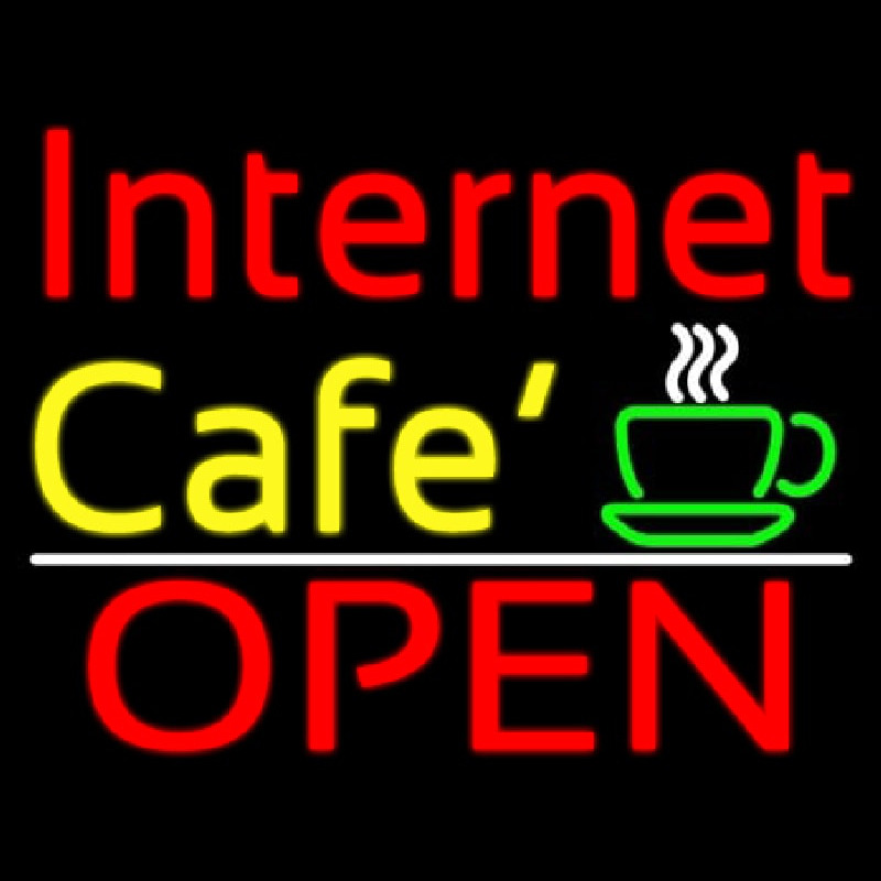 Internet Cafe Open With Coffee Cup Neon Skilt