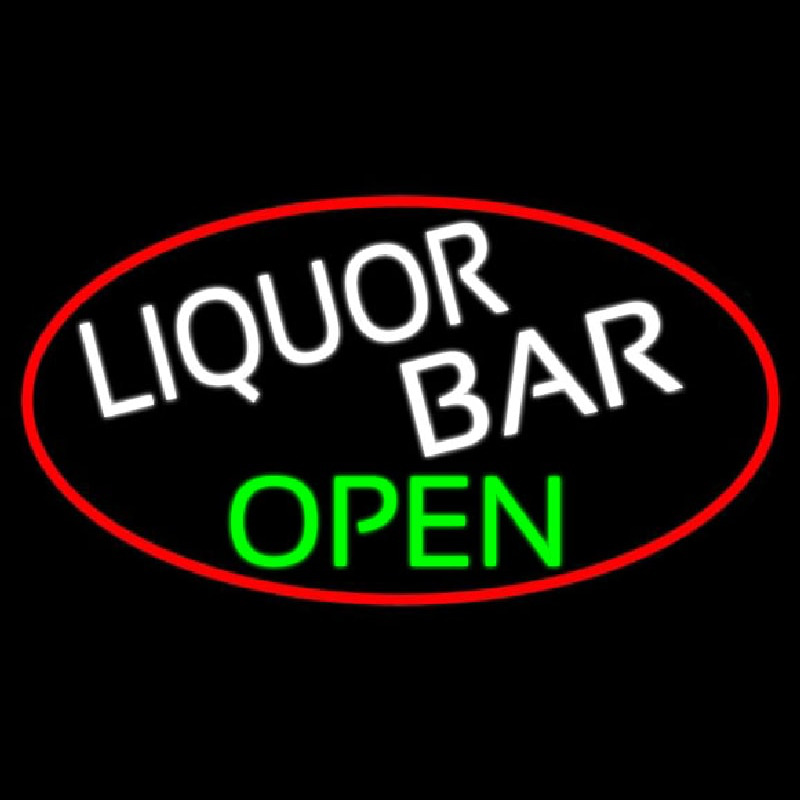 Liquor Bar Open Oval With Red Border Neon Skilt