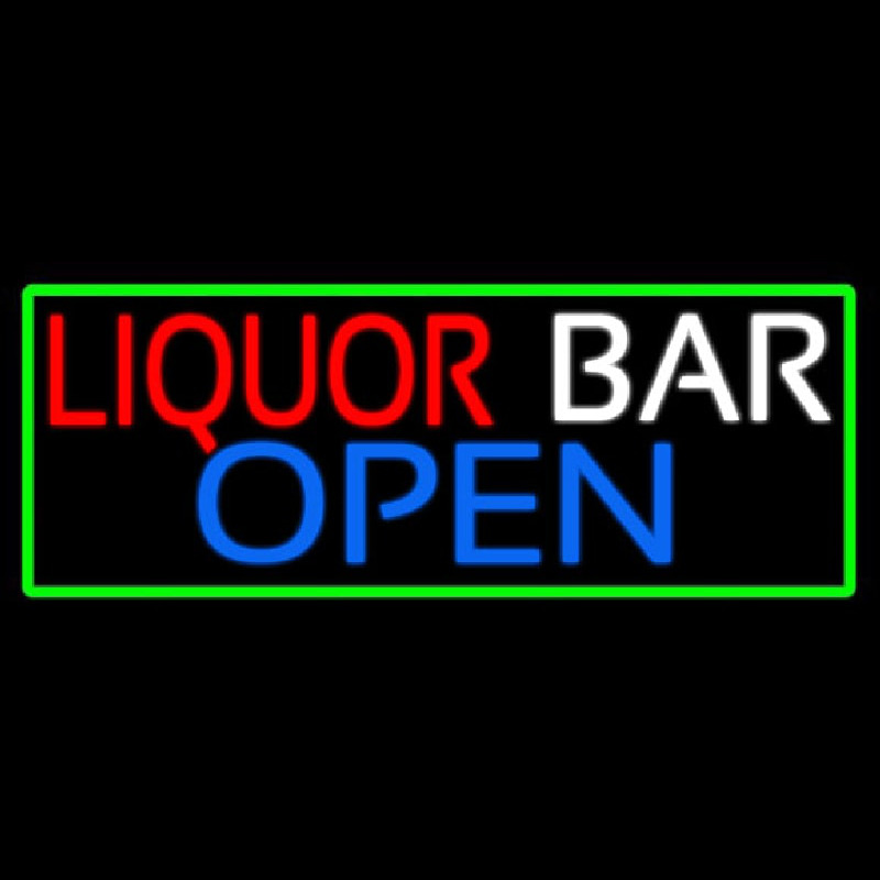 Liquor Bar Open With Green Border Neon Skilt