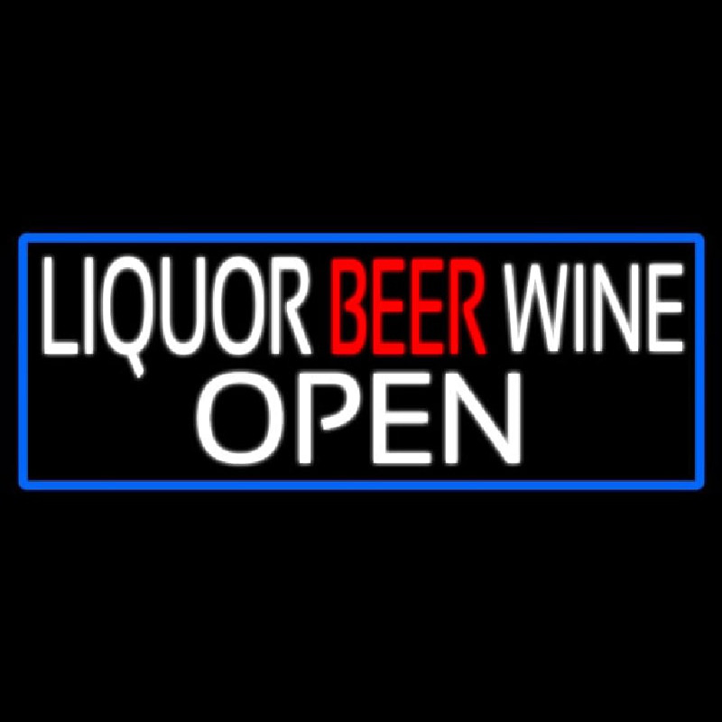 Liquor Beer Wine Open With Blue Border Neon Skilt