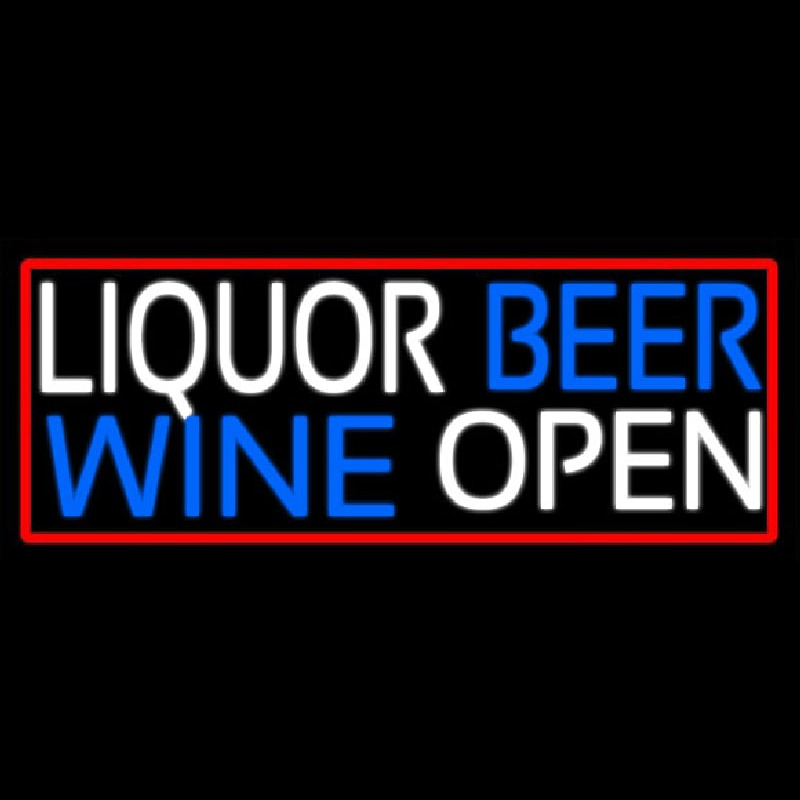 Liquor Beer Wine Open With Red Border Neon Skilt