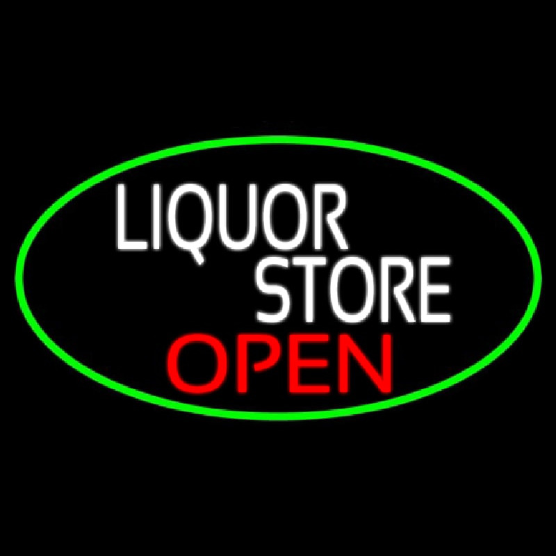 Liquor Store Open Oval With Green Border Neon Skilt