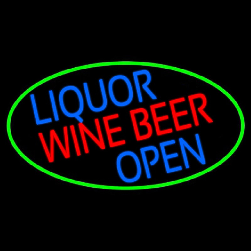 Liquor Wine Beer Open Oval With Green Border Neon Skilt