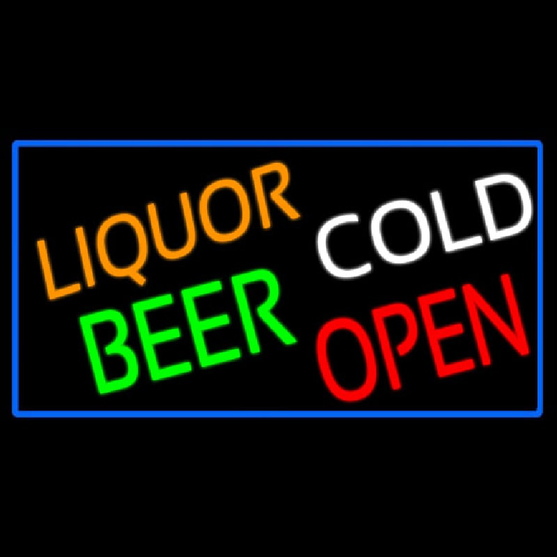 Liquors Beer Cold Open With Blue Border Neon Skilt