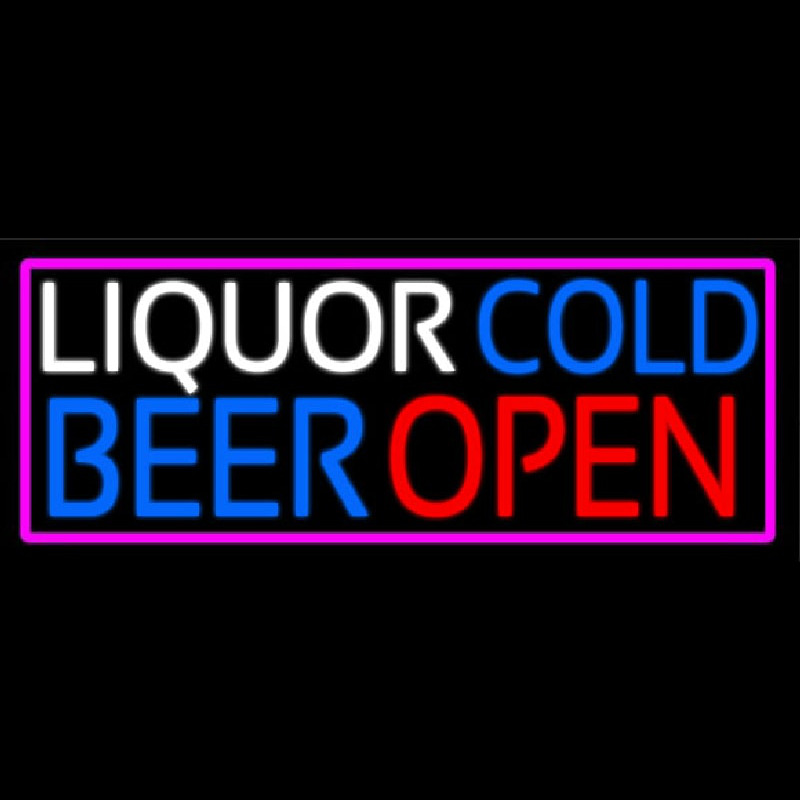 Liquors Cold Beer Open With Pink Border Neon Skilt