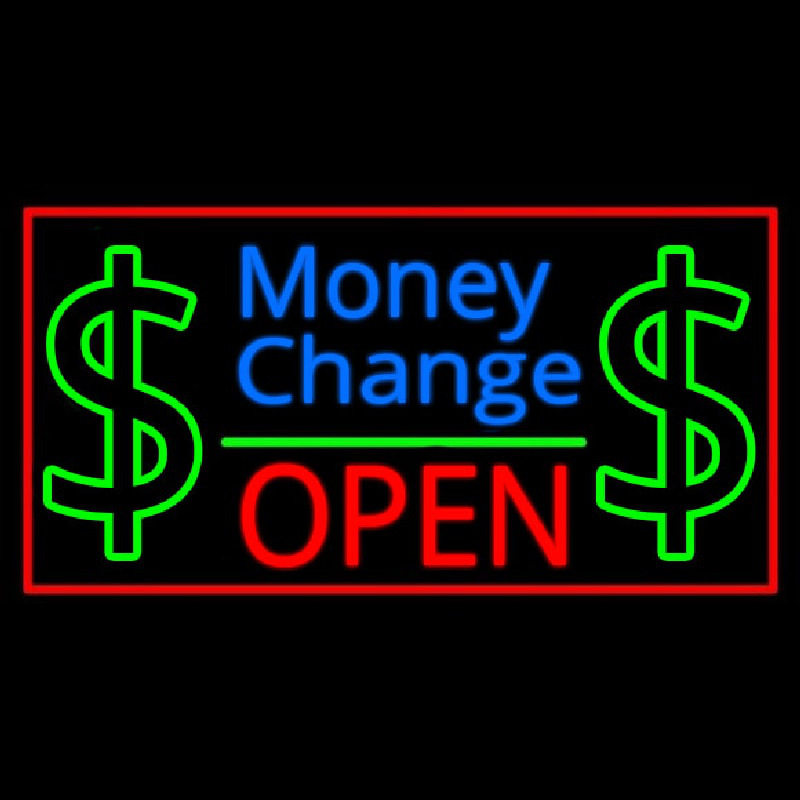 Money Change Dollar Logo Open Red Border Neon Skilt