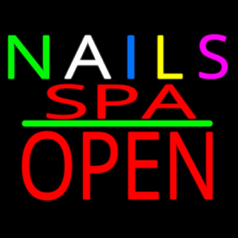 Multi Colored Nails Spa Block Open Green Line Neon Skilt